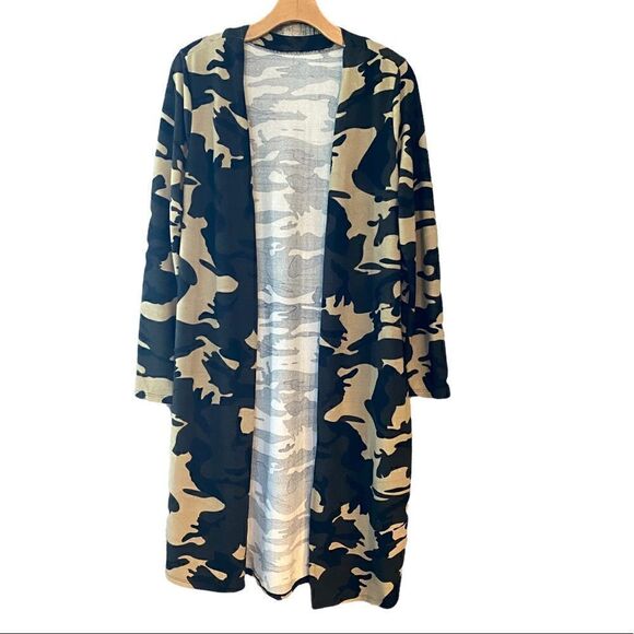 Military Army Green Camo Long Sleeve Maxi Cardigan Duster Sz L - Picture 1 of 8